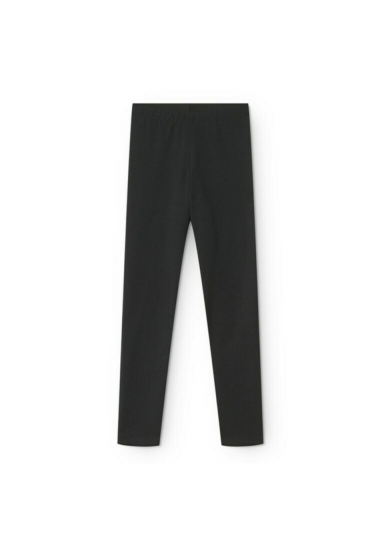 Zwarte leggings van een gladde, rekbare stof. Kenmerkt zich door een hoge tailleband en een nauwsluitend ontwerp, geschikt voor verschillende activiteiten.
