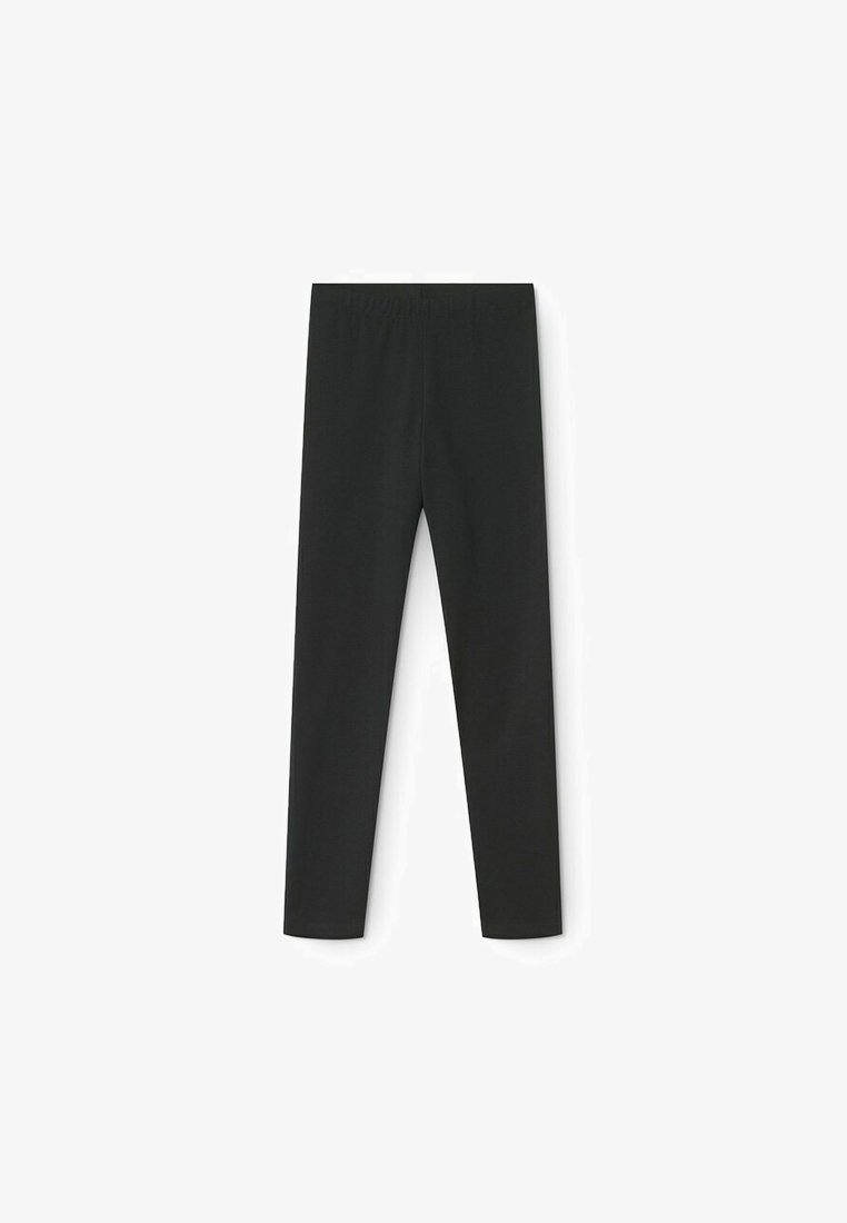 Zwarte leggings van een gladde, rekbare stof. Kenmerkt zich door een hoge tailleband en een nauwsluitend ontwerp, geschikt voor verschillende activiteiten.