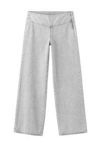 Vaqueros de pierna ancha en gris claro con cintura alta y detalles de costuras visibles, mostrados planos sobre un fondo blanco.