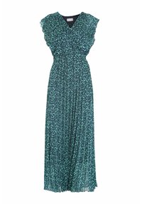 Robe longue bleu sarcelle foncé avec un petit motif floral blanc, dotée de manches à volants, d'un décolleté en V et d'une jupe fluide plissée.