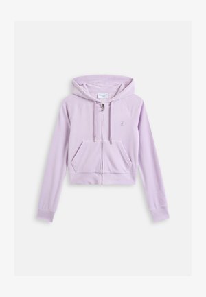 Trumpa levandų spalvos mega su priekiniais užtrauktukais, kengūrinė kišenė ir kapučino su raišteliu. Priekyje išsiuvinėtas logotipas. Minkšta audinio tekstūra.