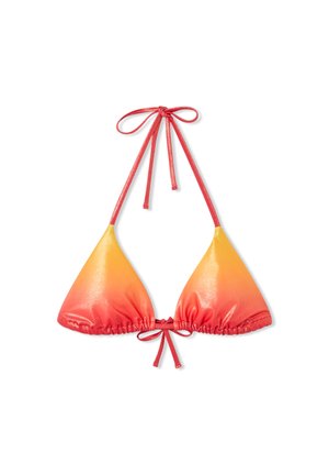 Czerwony do żółtego ombre bikini top z błyszczącą teksturą, trójkątnymi miseczkami i regulowanymi zawiązaniami na szyi i plecach.