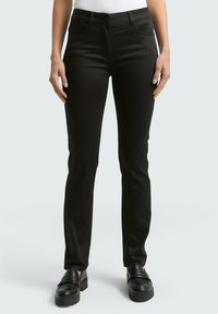 Zwarte slim-fit jeans gemaakt van rekbaar materiaal, met een normale taille, riemlussen, voorzakken en een klassieke knoopsluiting.