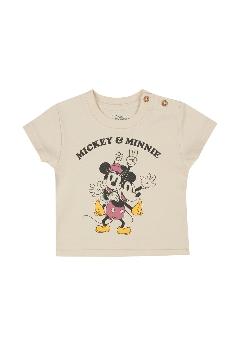 Camiseta de algodón color beige claro con un diseño impreso de Mickey y Minnie Mouse. Mangas cortas con dos detalles de botones en el hombro.