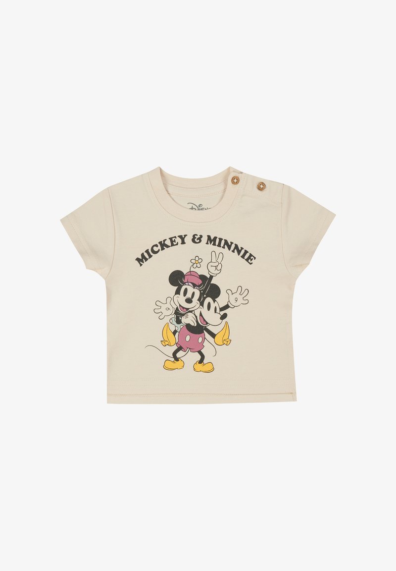Camiseta de algodón color beige claro con un diseño impreso de Mickey y Minnie Mouse. Mangas cortas con dos detalles de botones en el hombro.