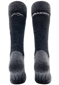 Dunkelgraue Socken mit strukturierten, dunkelgrauen Fersen- und Zehenbereichen. Mit einem hellgrauen Logo am Bund, gestricktes Muster über die gesamte Sohle.