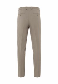 Beige op maat gemaakte pantalons met een gladde textuur, voorzien van een rechte pijp, twee achterzakken en een strakke tailleband.