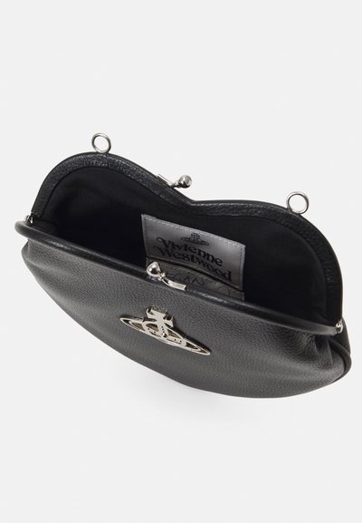 Black leather clutch purse with metallic clasp, textured exterior, and a silver logo accent. Interior features black fabric lining and brand label.