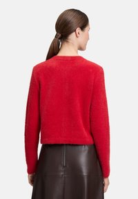 Kobieta z brązowym kucykiem, ubrana w puszysty czerwony sweter z długim rękawem i ciemno-brązową skórzaną spódnicę, stojąca plecami na białym tle.