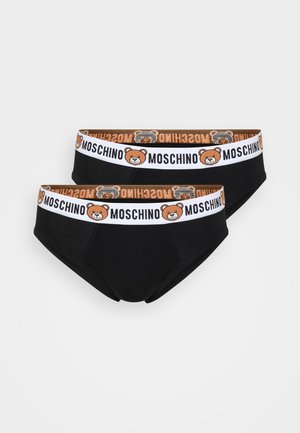 Black cotton briefs with a brown elastic waistband featuring an illustration of a bear and the word "MOSCHINO." Smooth texture, standard brief design.