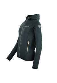 Sweat à capuche noir zippé en matière extensible, doté d'une coupe slim, de détails de fermeture éclair dorés et d'un logo sur l'épaule gauche.