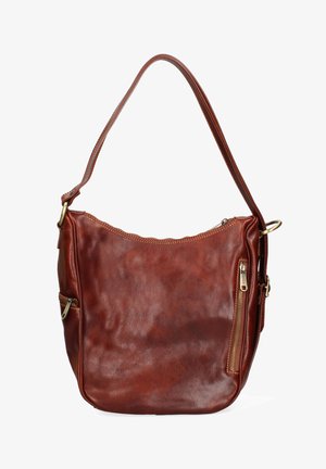 Borsa a tracolla in pelle marrone con una singola cinghia, tasca frontale con cerniera e dettagli in ottone.