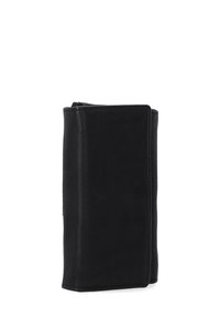 Black leather wallet with a vertical design, smooth texture, zip closure at the top, and minimal stitching details on the edges.