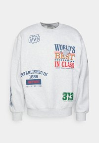 Grijze sweatshirt van een katoenmix, met tekst en graphics in blauw, oranje en groen. Opvallende details zijn een logo en verschillende patches.