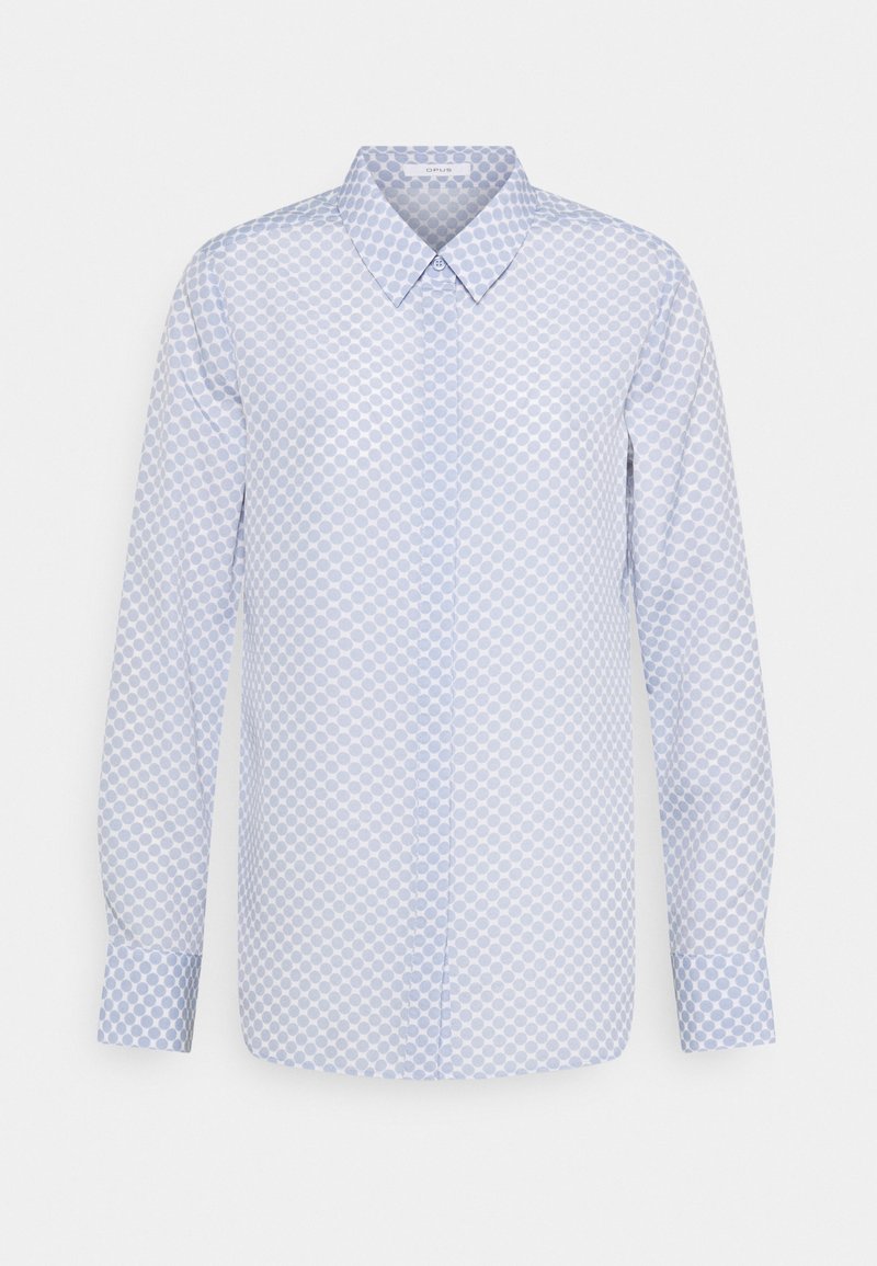 Chemise à manches longues boutonnée avec un col pointu, présentant un motif circulaire géométrique bleu clair sur fond blanc.