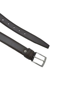 Brown leather belt with silver metal buckle, featuring stitching details and multiple holes for adjustment. Smooth texture.