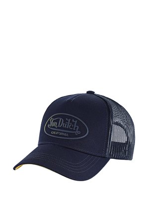 Casquette camionneur Von Dutch bleu marine avec dos en maille et visière courbée, dotée d'un écusson en relief portant le logo "Von Dutch California".