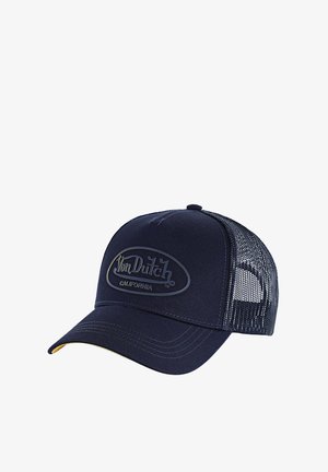 Marineblaue Von Dutch Trucker-Kappe mit Netzrücken und gebogenem Schirm, mit einem erhabenen Logopatch, auf dem "Von Dutch California" steht.