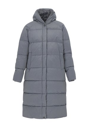 Graue Daunenjacke mit Kapuze, ausgestattet mit einem gesteppten Design, langen Ärmeln und seitlichen Taschen. Das Material hat eine glatte, glänzende Textur.