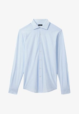 Camicia button-up azzurro chiaro a maniche lunghe con fini righe verticali, tessuto morbido, colletto alla francese, taschino singolo e orlo arrotondato.