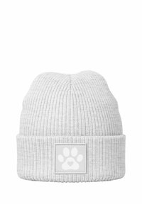 Light gray ribbed knit beanie with folded cuff and square patch featuring a paw print with a small heart shape inside.