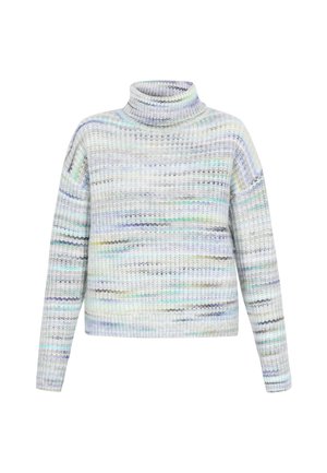 Textured sweater in pastel colors with a mock turtleneck. Features a relaxed fit and horizontal stripes in blue, green, and gray tones.