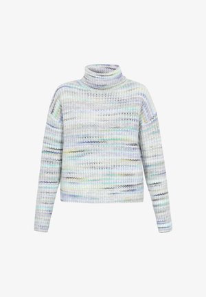 Textureret sweater i pastelfarver med en mock turtleneck. Har en afslappet pasform og vandrette striber i blå, grønne og grå nuancer.
