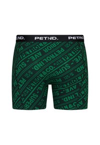 Grüne Boxershorts mit einem sich wiederholenden schwarzen Textmuster, elastischem schwarzen Bund mit dem Label "PETIND." und glatter Stoffoberfläche.