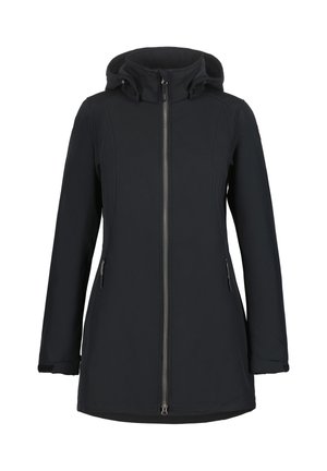 Abrigo negro impermeable con cremallera en el frente, capucha ajustable y dos bolsillos laterales; presenta un tejido suave y un diseño a la altura de la rodilla.
