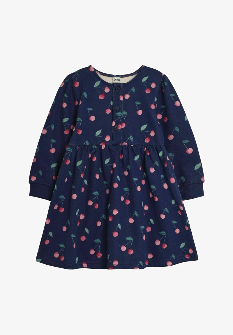 Tumesinine kleit pikkade varrukatega, ümmargune kaelus, ees nööbiga kinnitamine ning pehmes kangas roosade ja roheliste kirsside mustriga.