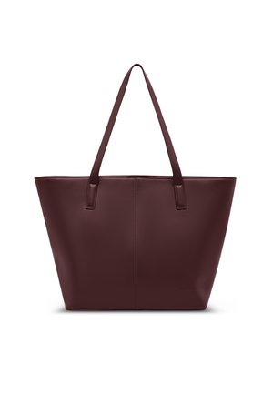 Dunkelbraune Leder-Tote-Bag mit zwei langen Griffen und einer vertikal genähten Naht in der Mitte vorne.
