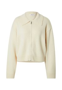 Cremfarbener, taillierter Cardigan aus weichem Material, mit rundem Kragen, durchgehendem Reißverschluss und gerippten Säumen.