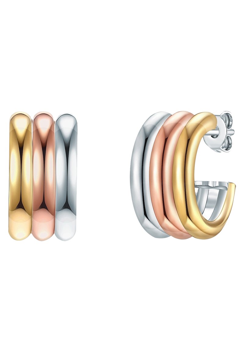 Three hoop earrings feature a combination of polished gold, rose gold, and silver metals, showcasing smooth curves and a shiny finish.