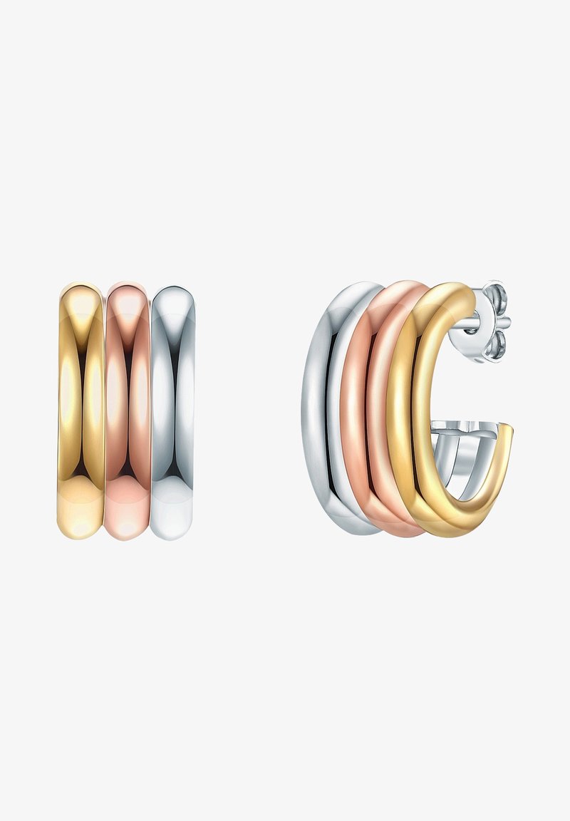 Three hoop earrings feature a combination of polished gold, rose gold, and silver metals, showcasing smooth curves and a shiny finish.