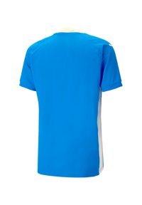 Blaues Sportshirt mit kurzen Ärmeln, Rundhals, weißen Akzenten an den Seiten, glatter Textur, regulärer Passform, leichtes Material.