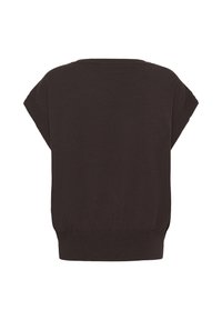 Pull court à manches courtes en maille marron foncé avec un col rond et des poignets et un ourlet côtelés, vu de dos.