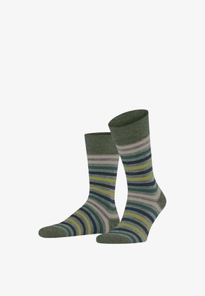 Gestreifte Socken in Grün, Blau, Gelb und Pink. Hergestellt aus strukturiertem Stoff mit einem gerippten Bündchen und Streifen in unterschiedlichen Breiten.