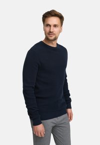 Marineblauer Strickpullover mit Rundhalsausschnitt, gerippten Ärmelbündchen und Saum. Kombiniert mit hellgrauen schmal geschnittenen Hosen, die ein strukturiertes Muster zeigen.