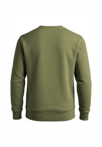 Groene sweatshirt met een ronde hals, lange mouwen en ribgebreide manchetten en zoom. De stof lijkt glad en niet-structuurrijk.