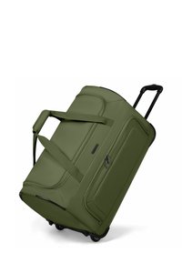 Borsa da viaggio verde a rotoli realizzata in tessuto resistente, dotata di due manici, di un manico retrattile e di due ruote per un facile trasporto.