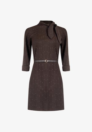 Bruine jurk met een strikkoord bij de hals, lange mouwen, lichte gouden krijtstrepen en een getailleerde taille met een zwarte riem met een zilveren ronde gesp.