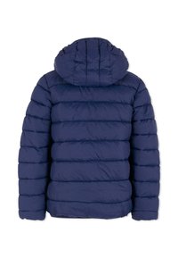 Giubbotto imbottito blu navy con cappuccio, design imbottito e cuciture orizzontali. Texture liscia senza hardware o accenti visibili.