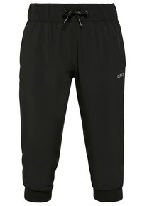 Pantalones negros cortos de tela ligera. Presentan una cinturilla elástica con cordón y puños ajustados. Incluyen bolsillos laterales.