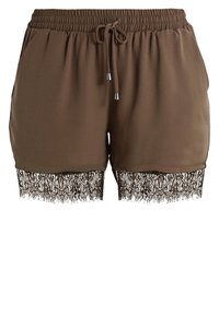 Hnědé šortky z měkkého materiálu s elastickým pasem, zavazováním na šňůrku a propracovanou krajkou na lemu.