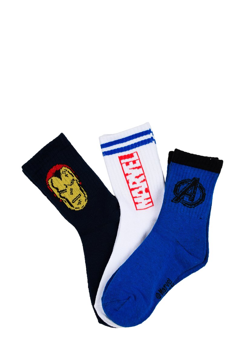 Three Marvel-themed crew socks: black with Iron Man face, white with red Marvel text and blue stripes, and blue with black Avengers logo.