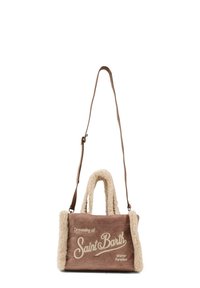 Borsa di tessuto marrone con rifiniture in pelliccia sintetica color crema, maniglie resistenti e una tracolla rimovibile. Presenta il testo stampato "Sognando Saint Barth."