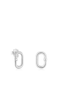Orecchini in argento con forma ovale, caratterizzati da una superficie liscia e un piccolo dettaglio di chiusura decorativa, progettati per orecchie forate.