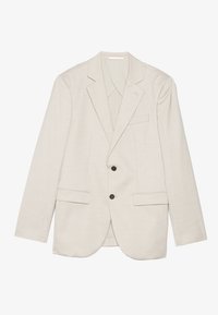 Blazer beige clair avec une texture subtile. Présente des revers en pointe, deux poches avant et deux boutons noirs. Tissu lisse, fente simple à l'arrière.