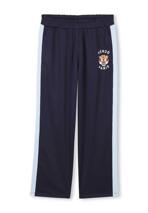 Pantalon de jogging bleu marine avec taille élastique, bandes latérales bleu clair et un logo de tigre avec le texte "KENZO PARIS" sur la cuisse gauche.