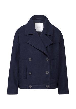 Marineblauwe wolmix dubbelzijdige jas met grote geknipte kraag, twee voorkantzakken en decoratieve donkere knopen.